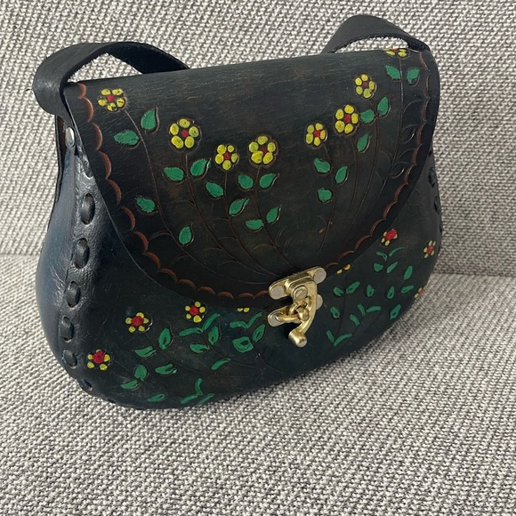 Handbags - Structured Blue Leather Shoulder Bag with Floral Hand Painted Details Gold Hinge